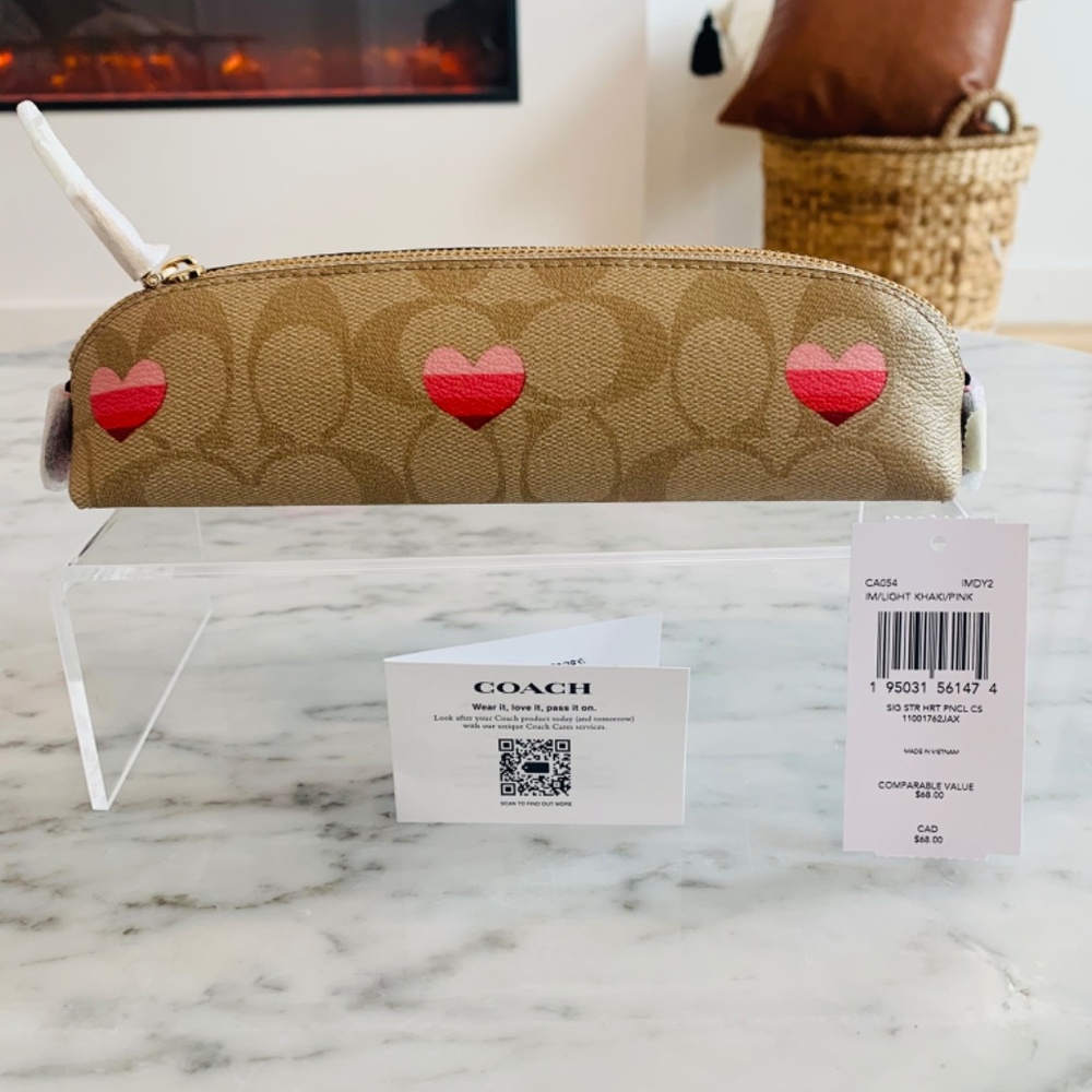 Authentic Coach Pencil Case and Wristlet Set With Signature Canvas Stripe Heart - Picture 9 of 13